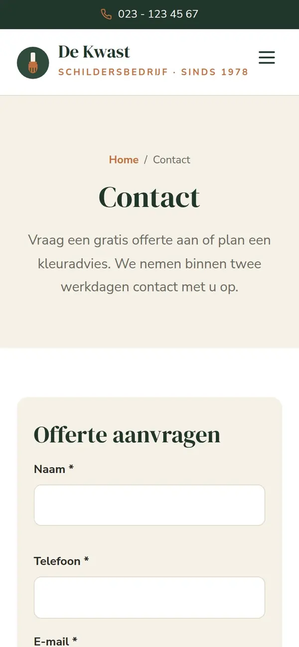 Contact van Schildersbedrijf De Kwast op een telefoon